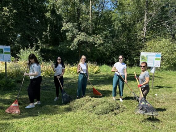 grupa osób grabi liście w forcie